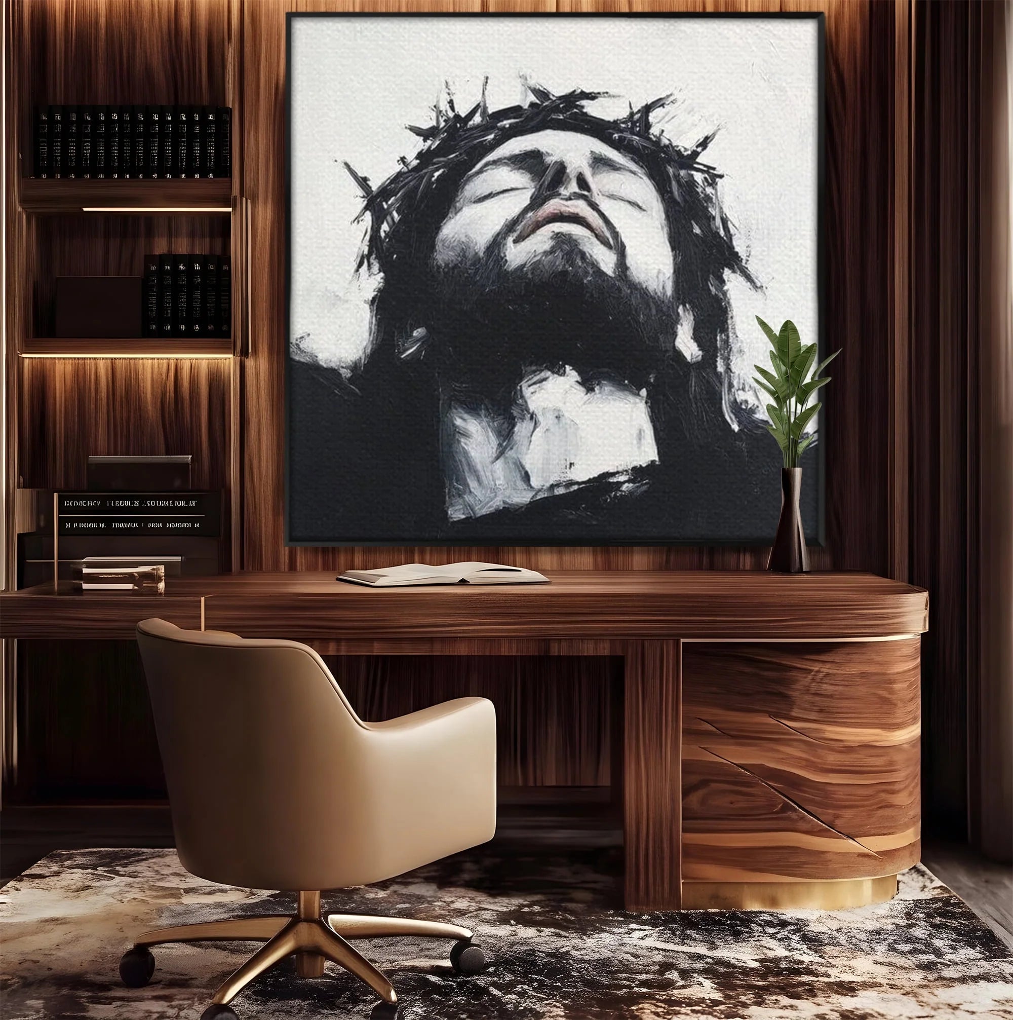 Tablou canvas cu tablou canvas cu pictura barbatului cu coroana de spini, in rama de aluminiu negru, pe perete intr-un birou